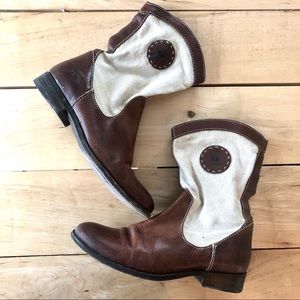 Frye Melissa short canvas and brown leather boots